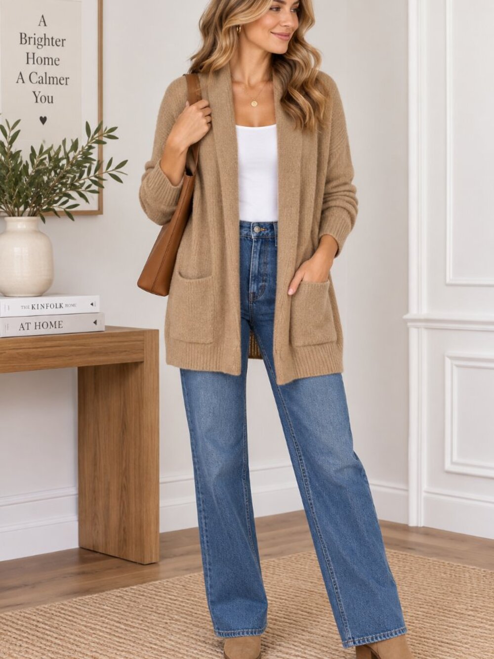 J.Crew Womens M Camel Long Open Cardigan Sweater Pockets Cozy Preppy Neutral1477